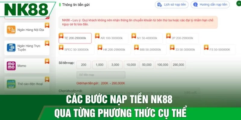 Các bước nạp tiền nk88 qua từng phương thức cụ thể